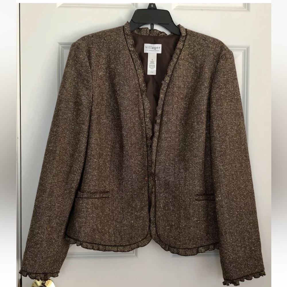 VILLAGER By LIZ CLAIBORNE Brown Blazer Jacket Women's Size 16 Open Front Ruffle